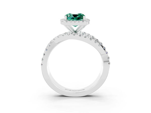 Platinum Cushion Cut Green Sapphire Halo Ring with Round Split Shank and Prong Setting