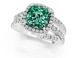 White gold Cushion Cut Green Sapphire Halo Ring with Round Split Shank and Prong Setting_61