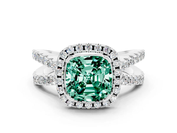 White gold Cushion Cut Green Sapphire Halo Ring with Split Shank Pavé Band and Prong Setting
