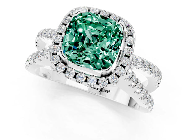 Silver Cushion Cut Green Sapphire Halo Ring with Split Shank Pavé Band and Prong Setting