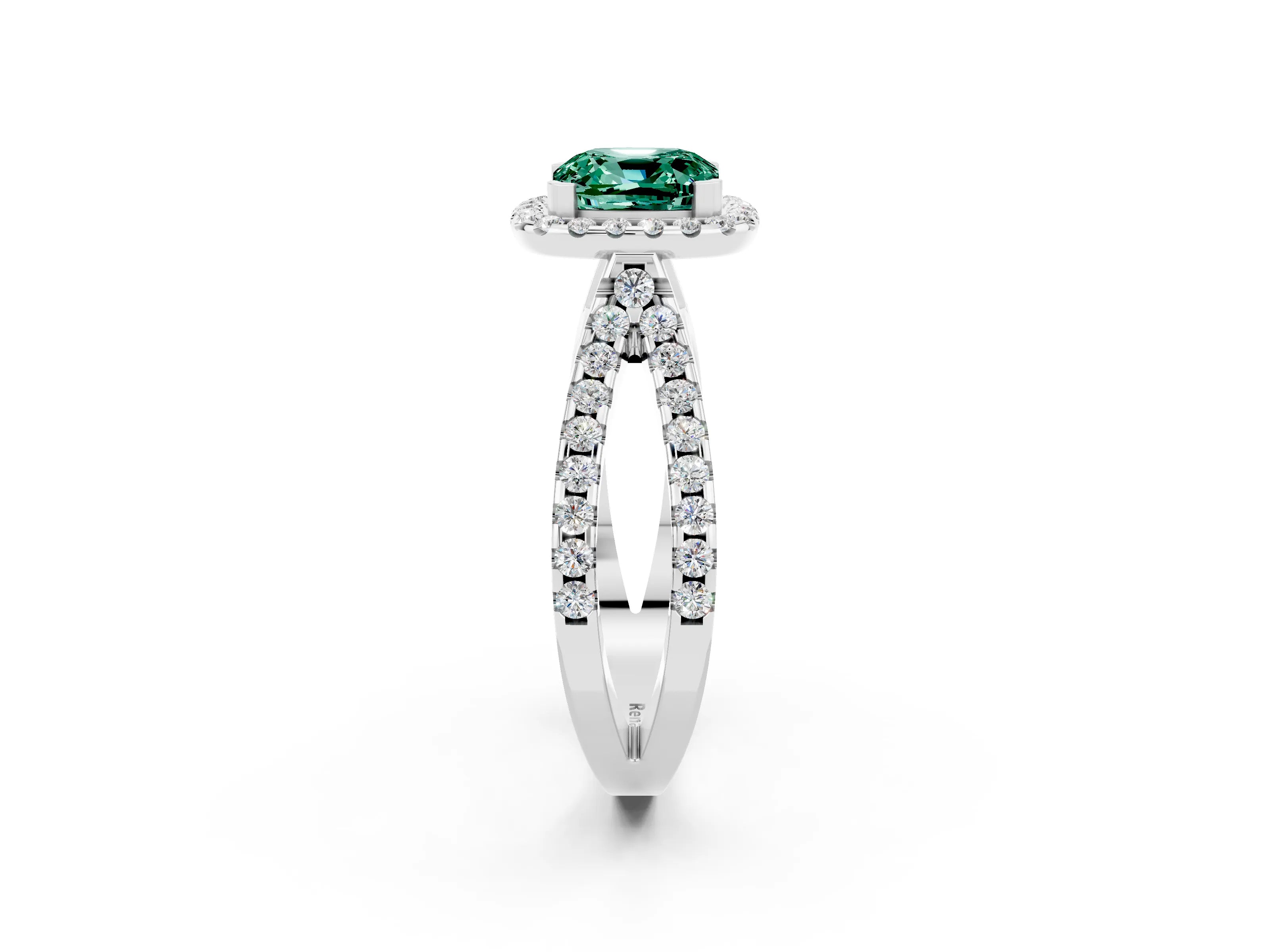 White gold Cushion Cut Green Sapphire Halo Ring with Split Shank Pavé Band and Prong Setting_2