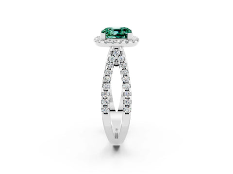 White gold Cushion Cut Green Sapphire Halo Ring with Split Shank Pavé Band and Prong Setting_2