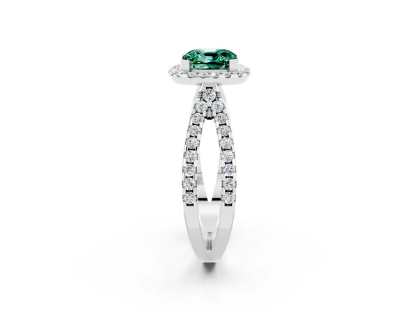 White gold Cushion Cut Green Sapphire Halo Ring with Split Shank Pavé Band and Prong Setting