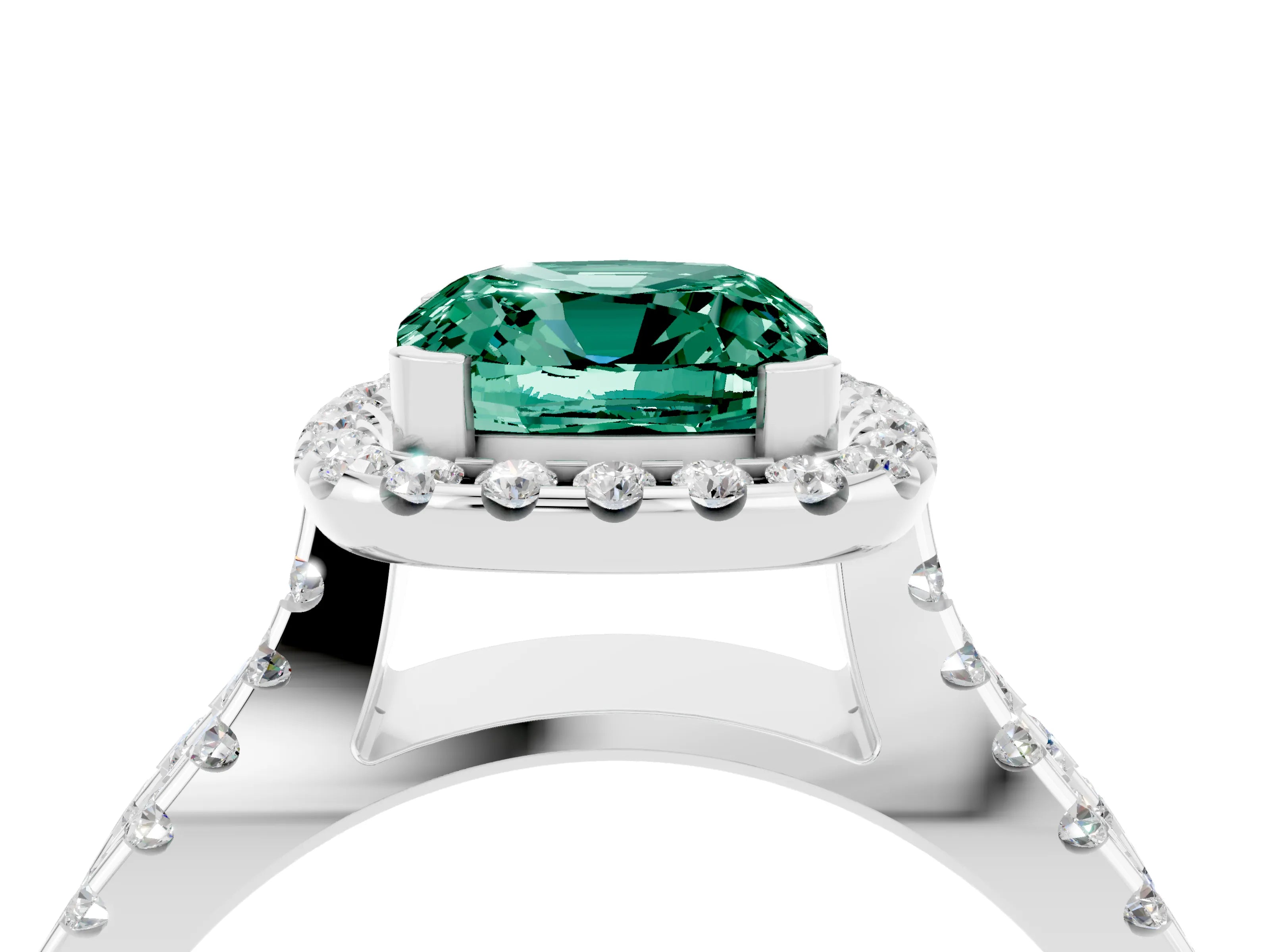 White gold Cushion Cut Green Sapphire Halo Ring with Split Shank Pavé Band and Prong Setting_4