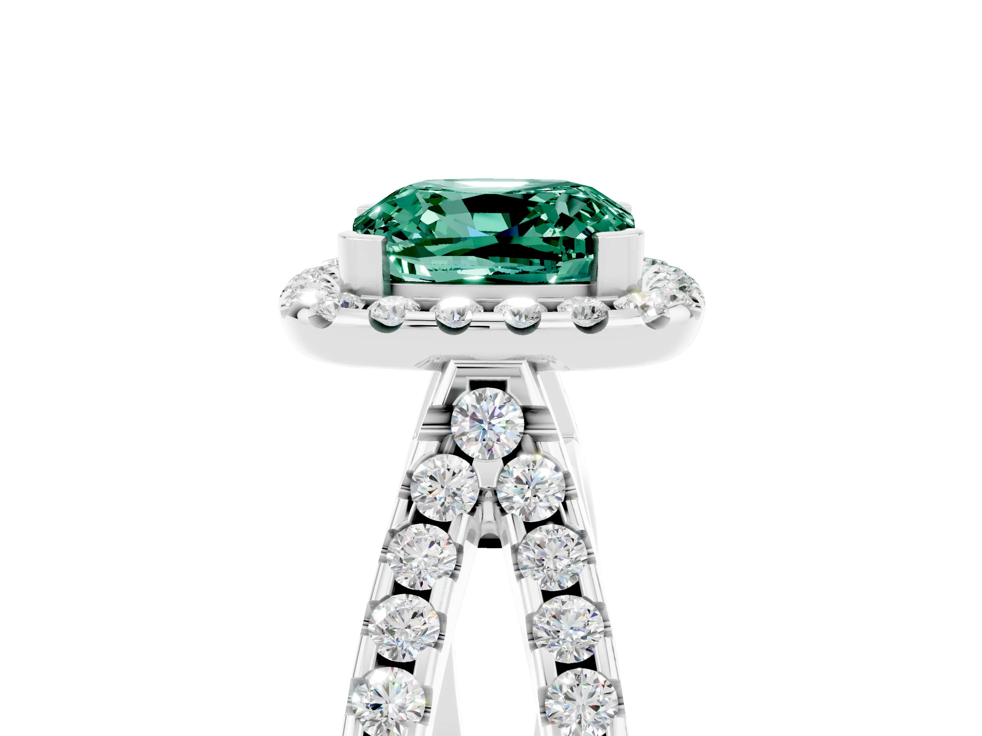 White gold Cushion Cut Green Sapphire Halo Ring with Split Shank Pavé Band and Prong Setting_5