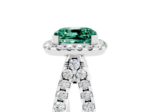 White gold Cushion Cut Green Sapphire Halo Ring with Split Shank Pavé Band and Prong Setting_5