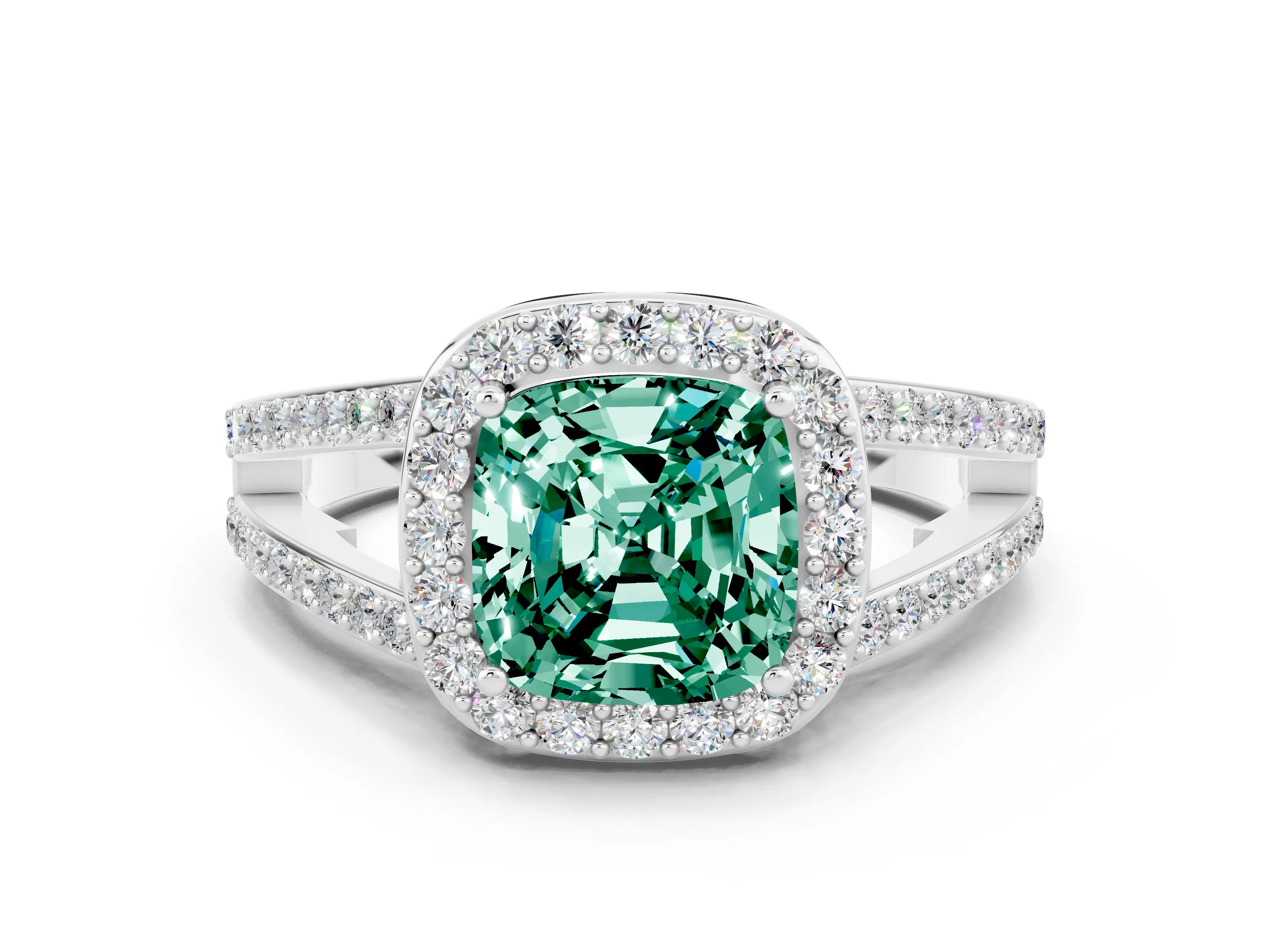 White gold Cushion Cut Green Sapphire Halo Ring with Split Shank U-Prong Band and Four-Prong Setting