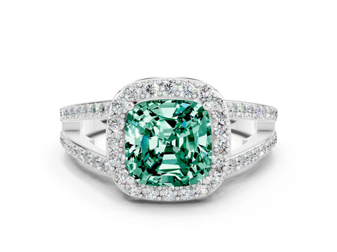 White gold Cushion Cut Green Sapphire Halo Ring with Split Shank U-Prong Band and Four-Prong Setting