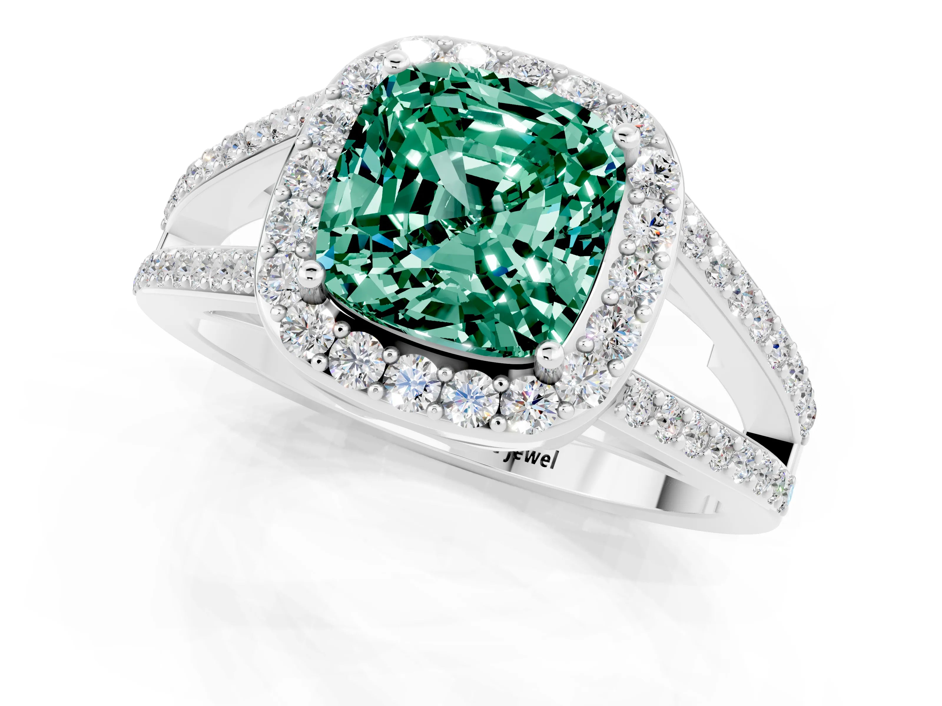 White gold Cushion Cut Green Sapphire Halo Ring with Split Shank U-Prong Band and Four-Prong Setting_1