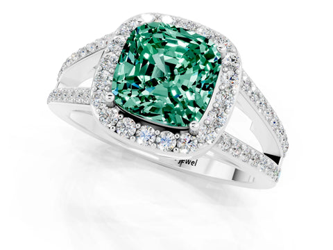White gold Cushion Cut Green Sapphire Halo Ring with Split Shank U-Prong Band and Four-Prong Setting_1