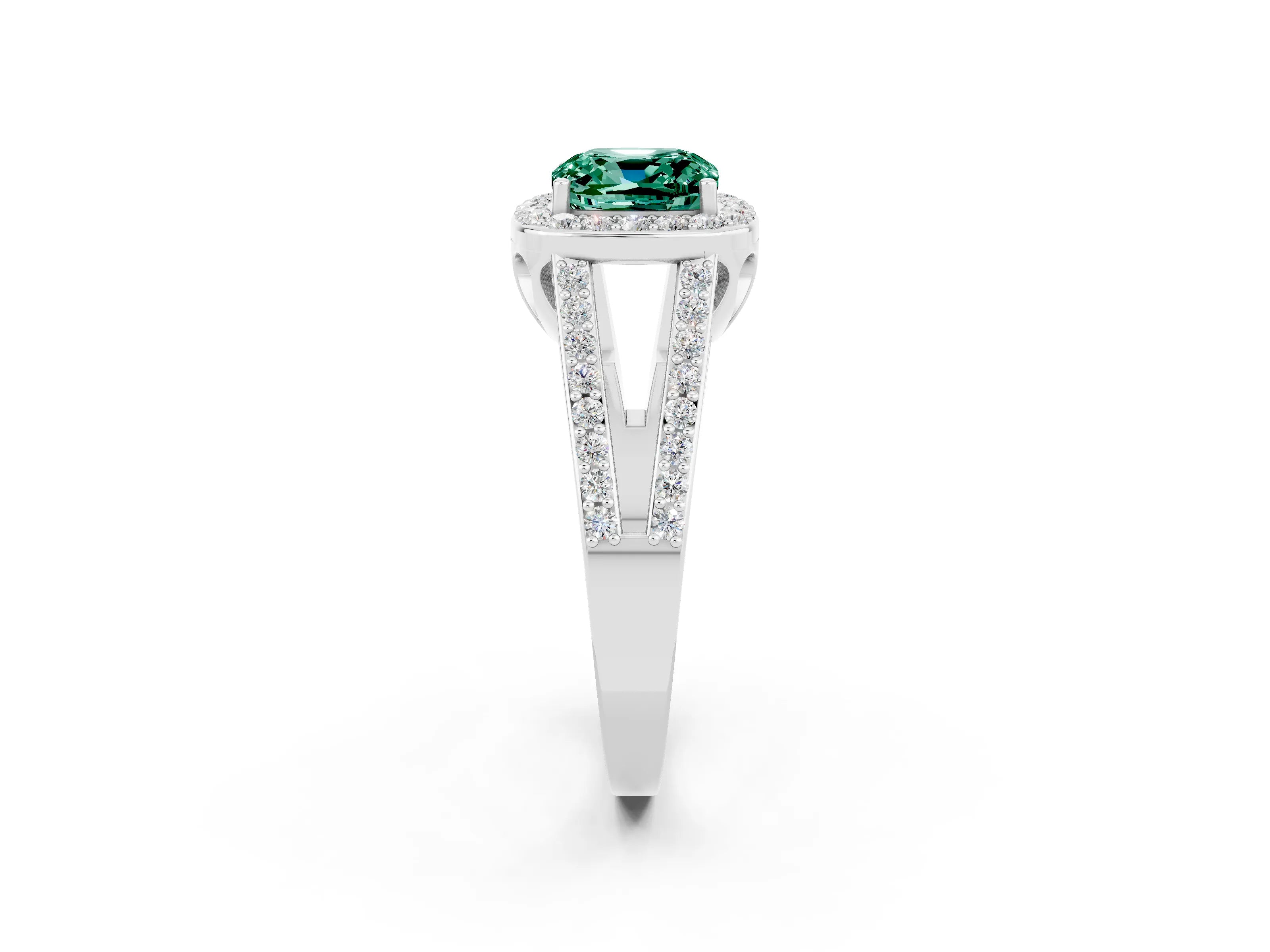 White gold Cushion Cut Green Sapphire Halo Ring with Split Shank U-Prong Band and Four-Prong Setting_2