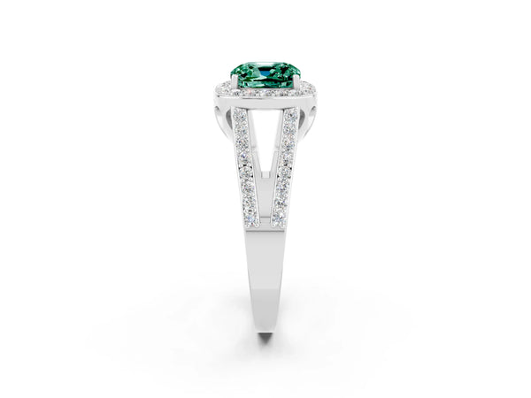 White gold Cushion Cut Green Sapphire Halo Ring with Split Shank U-Prong Band and Four-Prong Setting