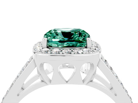 White gold Cushion Cut Green Sapphire Halo Ring with Split Shank U-Prong Band and Four-Prong Setting_4