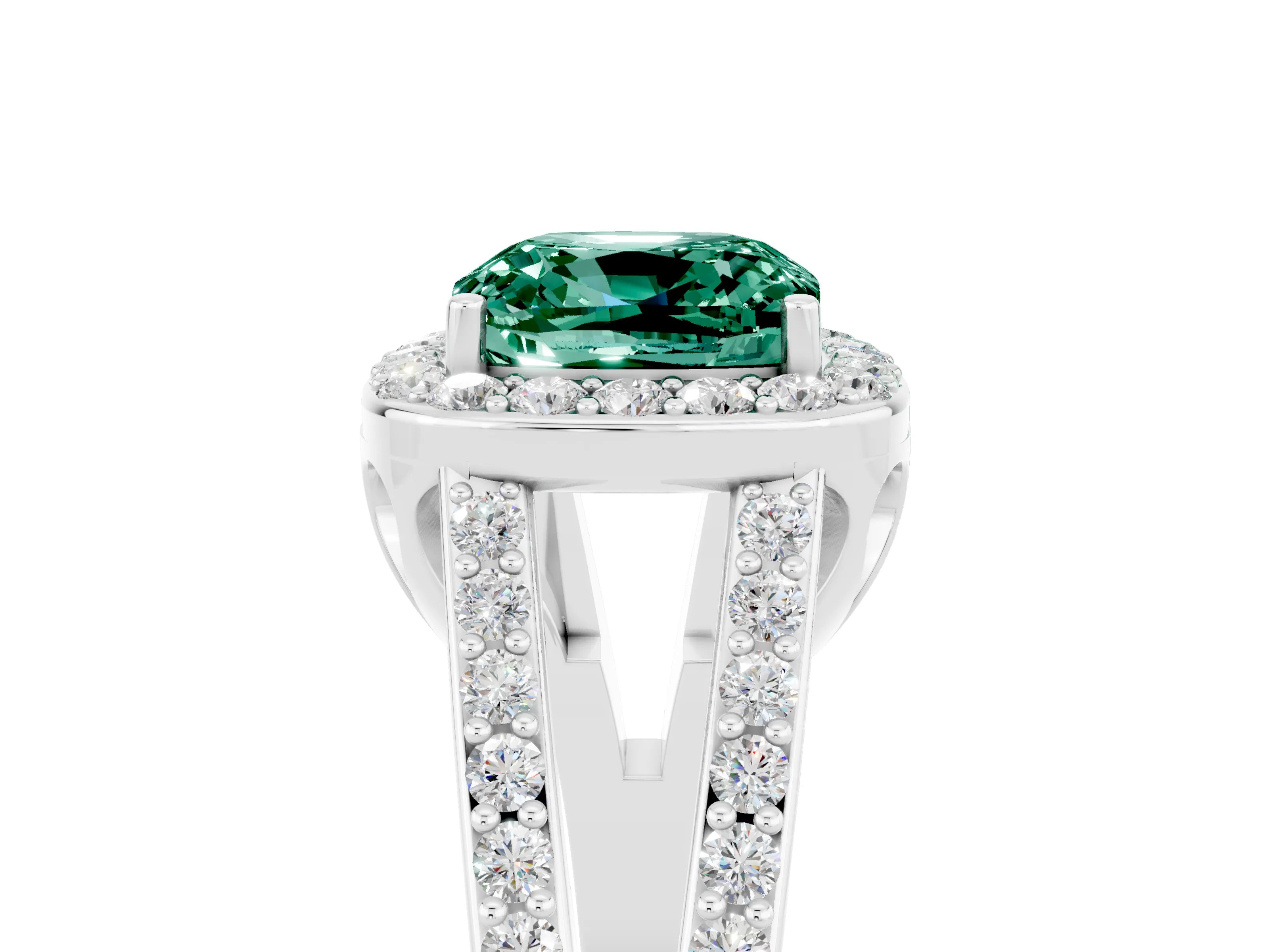 White gold Cushion Cut Green Sapphire Halo Ring with Split Shank U-Prong Band and Four-Prong Setting_5