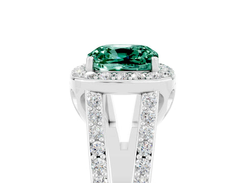 White gold Cushion Cut Green Sapphire Halo Ring with Split Shank U-Prong Band and Four-Prong Setting_5