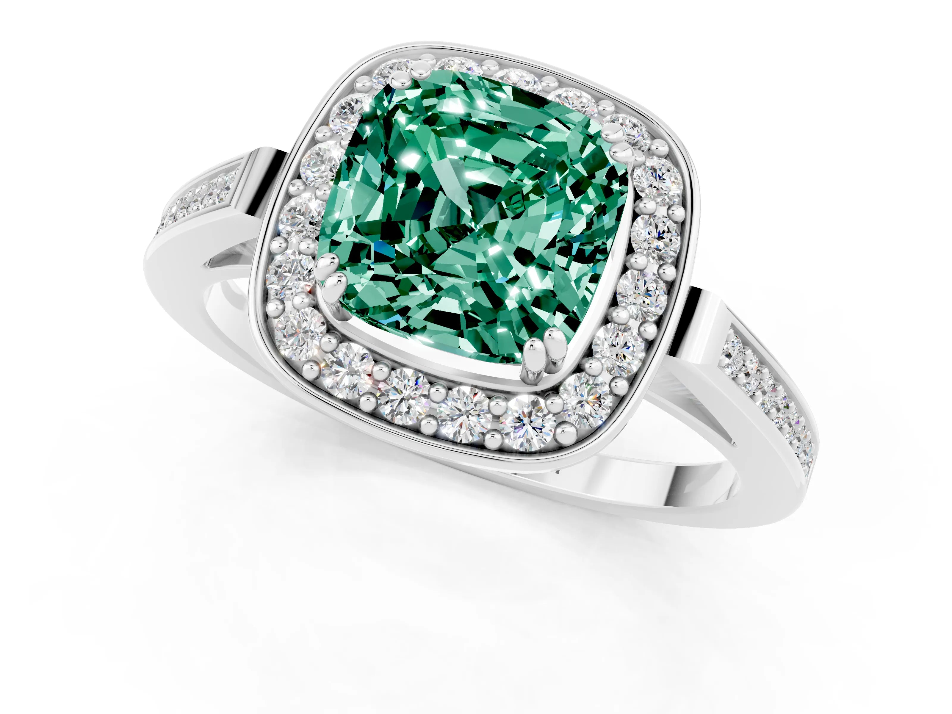 White gold Cushion Cut Green Sapphire Halo Ring with Split Shank and Four-Prong Setting_1