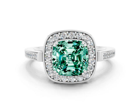 White gold Cushion Cut Green Sapphire Halo Ring with Split Shank and Four-Prong Setting_12