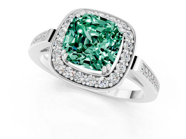 White gold Cushion Cut Green Sapphire Halo Ring with Split Shank and Four-Prong Setting