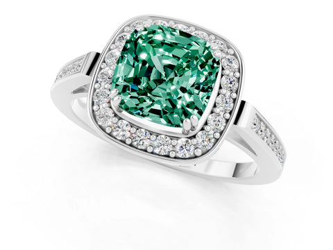 White gold Cushion Cut Green Sapphire Halo Ring with Split Shank and Four-Prong Setting_1