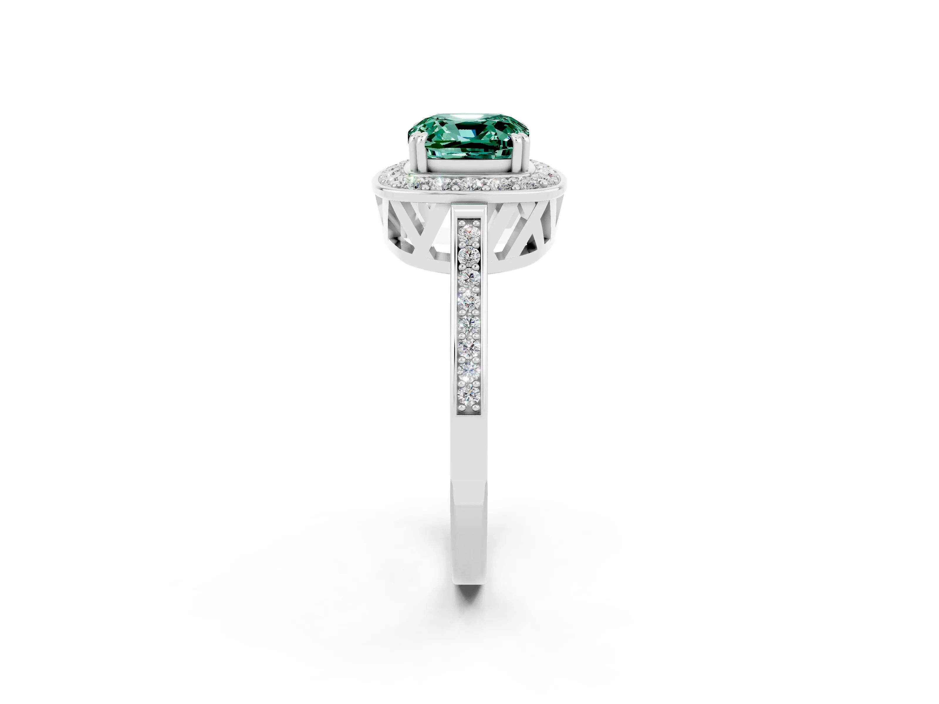 White gold Cushion Cut Green Sapphire Halo Ring with Split Shank and Four-Prong Setting_2