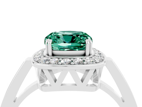 White gold Cushion Cut Green Sapphire Halo Ring with Split Shank and Four-Prong Setting_4