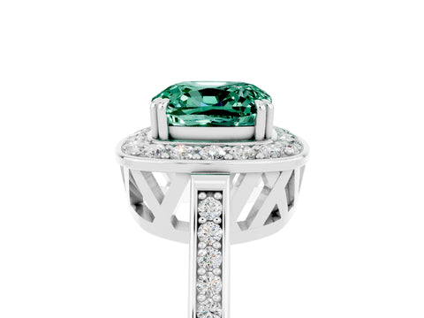 White gold Cushion Cut Green Sapphire Halo Ring with Split Shank and Four-Prong Setting_5