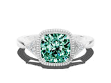 White gold Cushion Cut Green Sapphire Halo Ring with Tapered Band and Four-Prong Setting