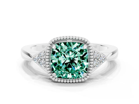 White gold Cushion Cut Green Sapphire Halo Ring with Tapered Band and Four-Prong Setting_12