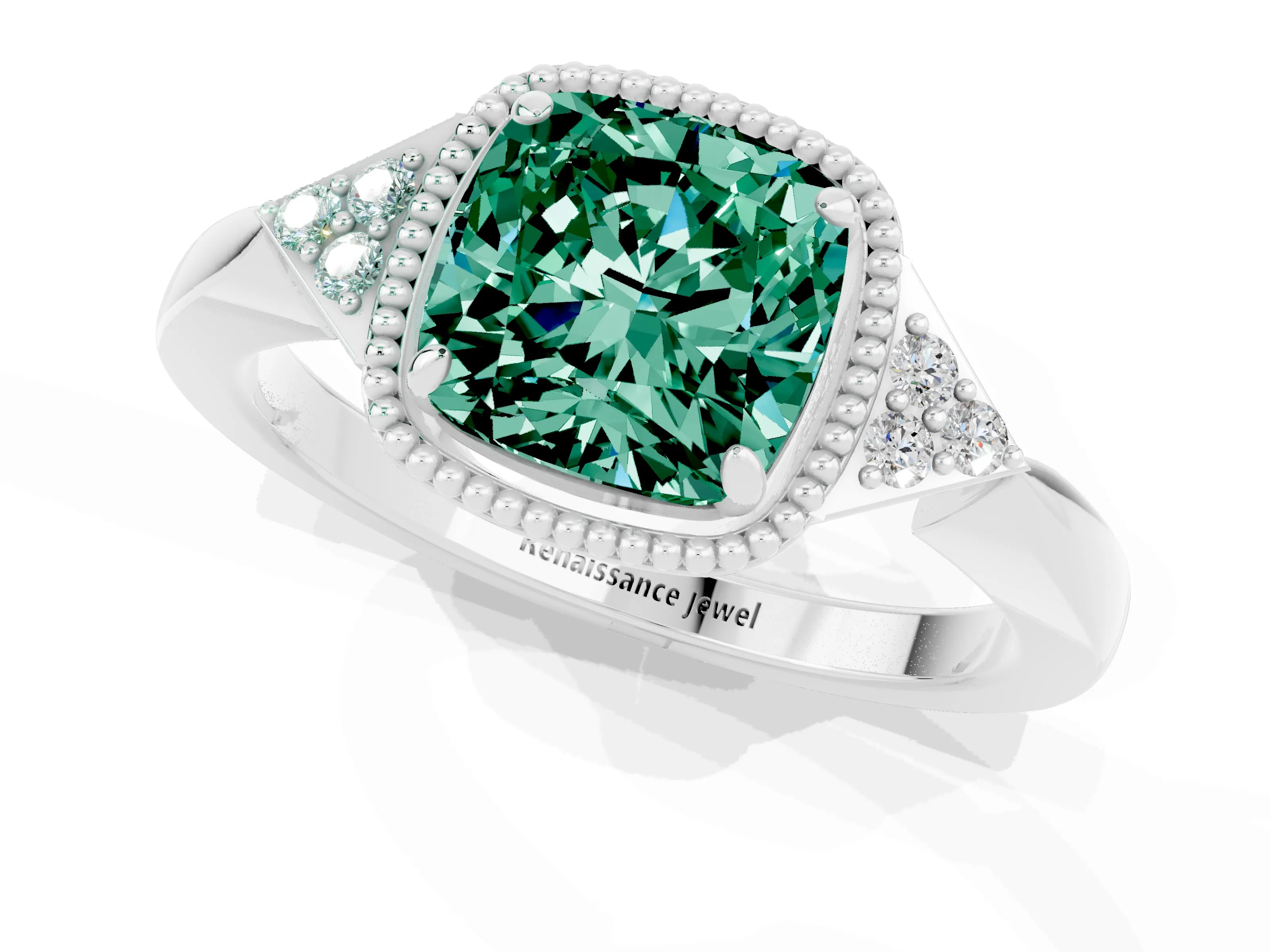 White gold Cushion Cut Green Sapphire Halo Ring with Tapered Band and Four-Prong Setting_13