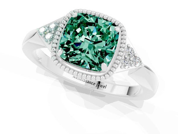 Platinum Cushion Cut Green Sapphire Halo Ring with Tapered Band and Four-Prong Setting