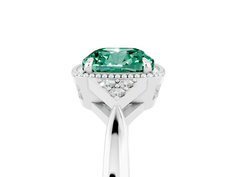 White gold Cushion Cut Green Sapphire Halo Ring with Tapered Band and Four-Prong Setting_17
