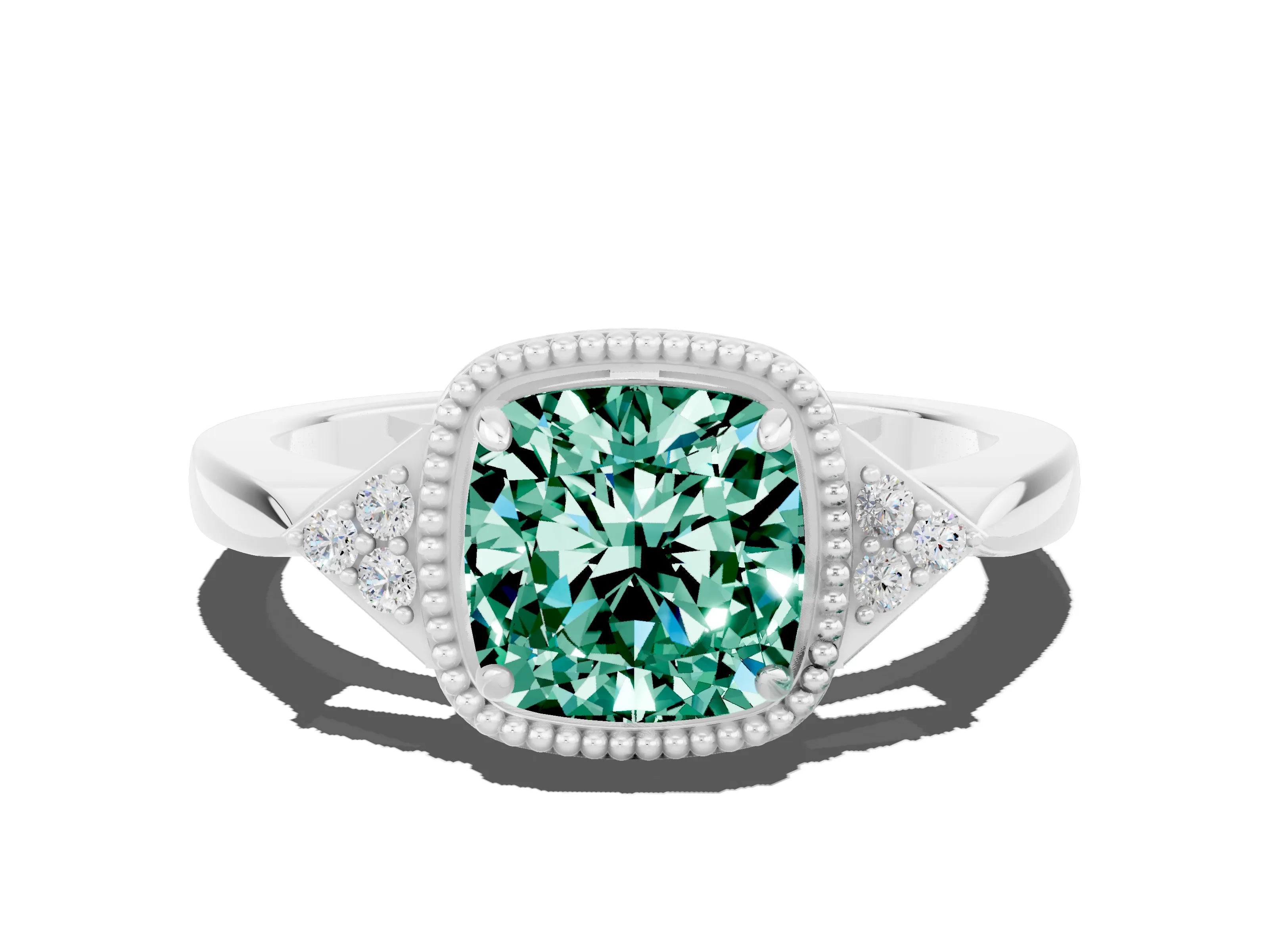 White gold Cushion Cut Green Sapphire Halo Ring with Tapered Band and Four-Prong Setting_24