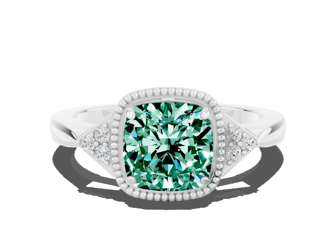 White gold Cushion Cut Green Sapphire Halo Ring with Tapered Band and Four-Prong Setting_24