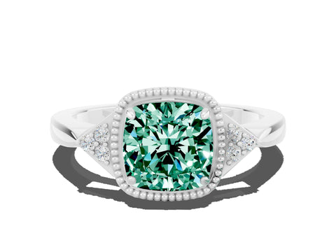 White gold Cushion Cut Green Sapphire Halo Ring with Tapered Band and Four-Prong Setting_24
