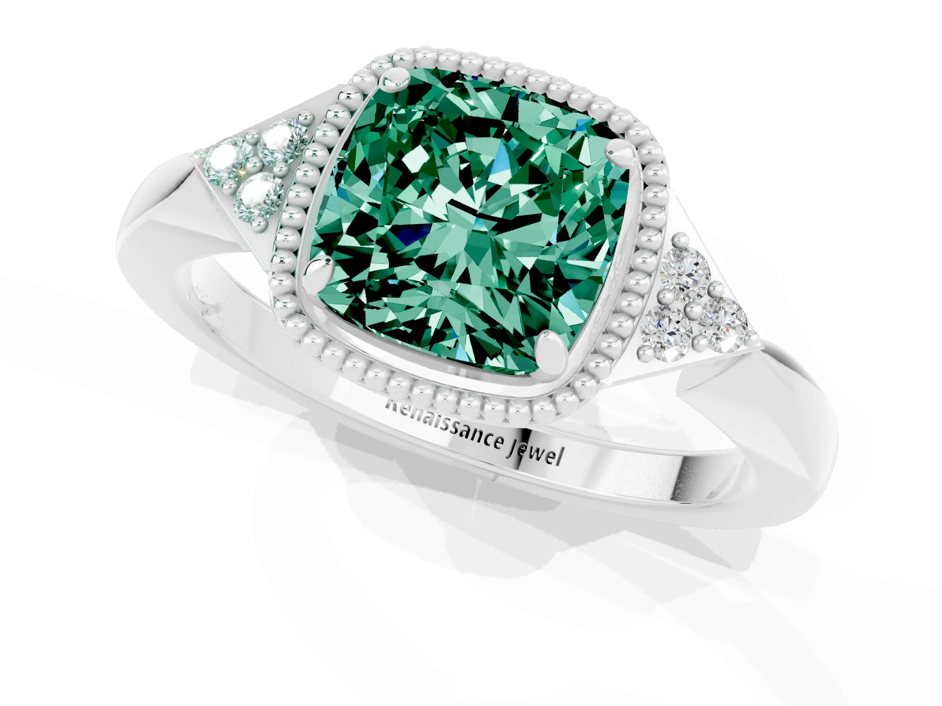 White gold Cushion Cut Green Sapphire Halo Ring with Tapered Band and Four-Prong Setting_25