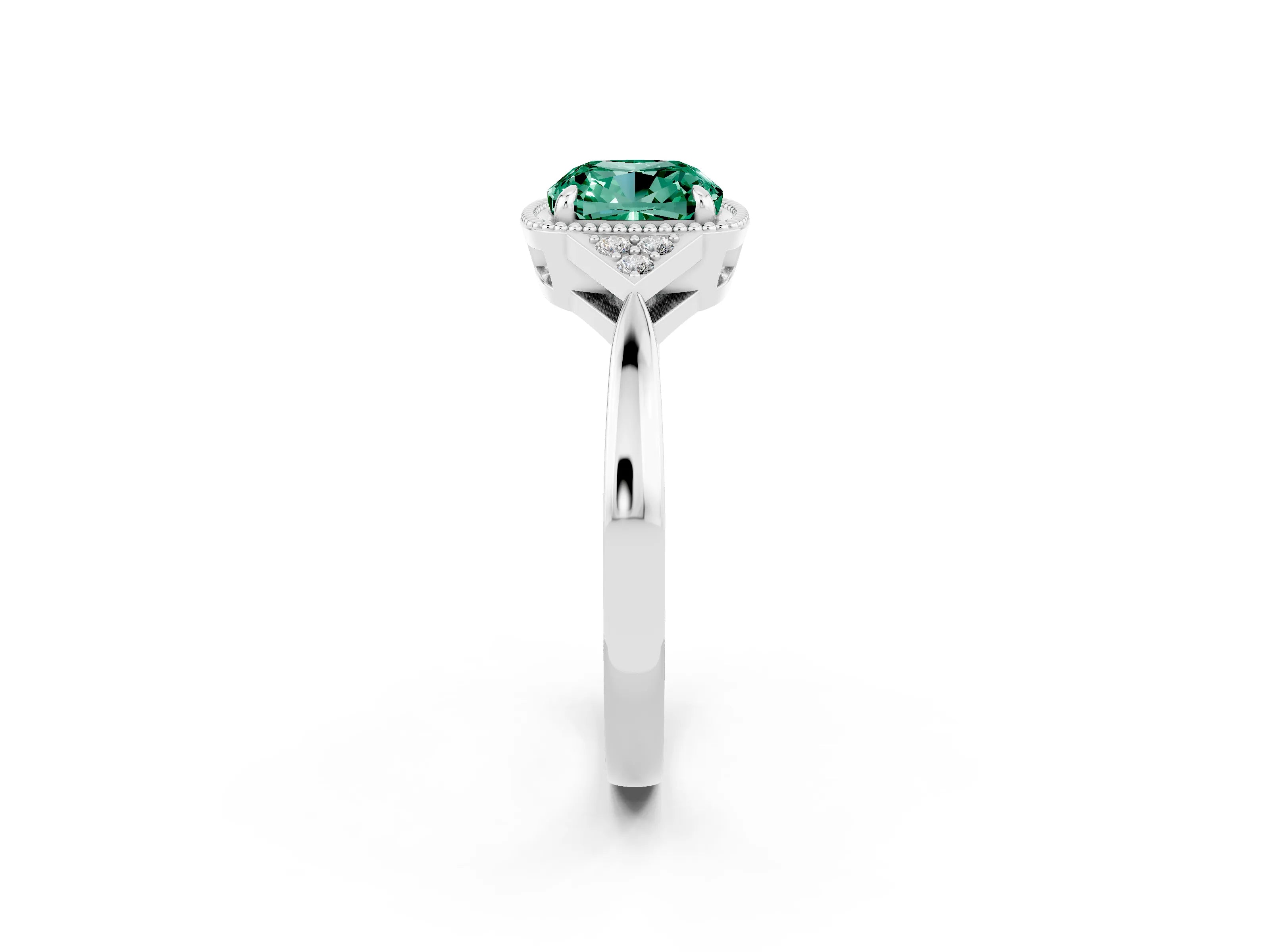White gold Cushion Cut Green Sapphire Halo Ring with Tapered Band and Four-Prong Setting_26