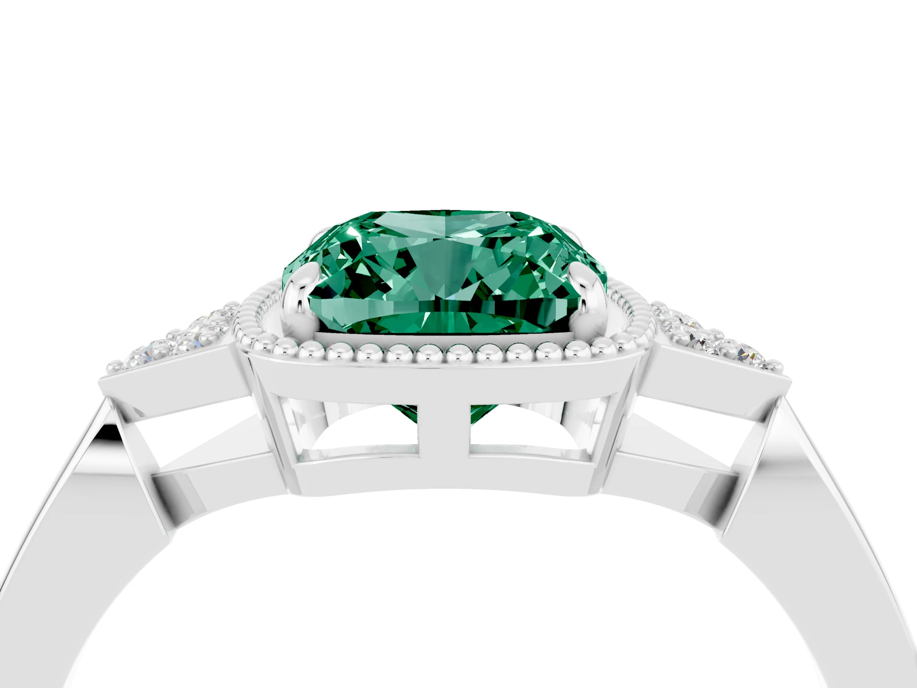 White gold Cushion Cut Green Sapphire Halo Ring with Tapered Band and Four-Prong Setting_28