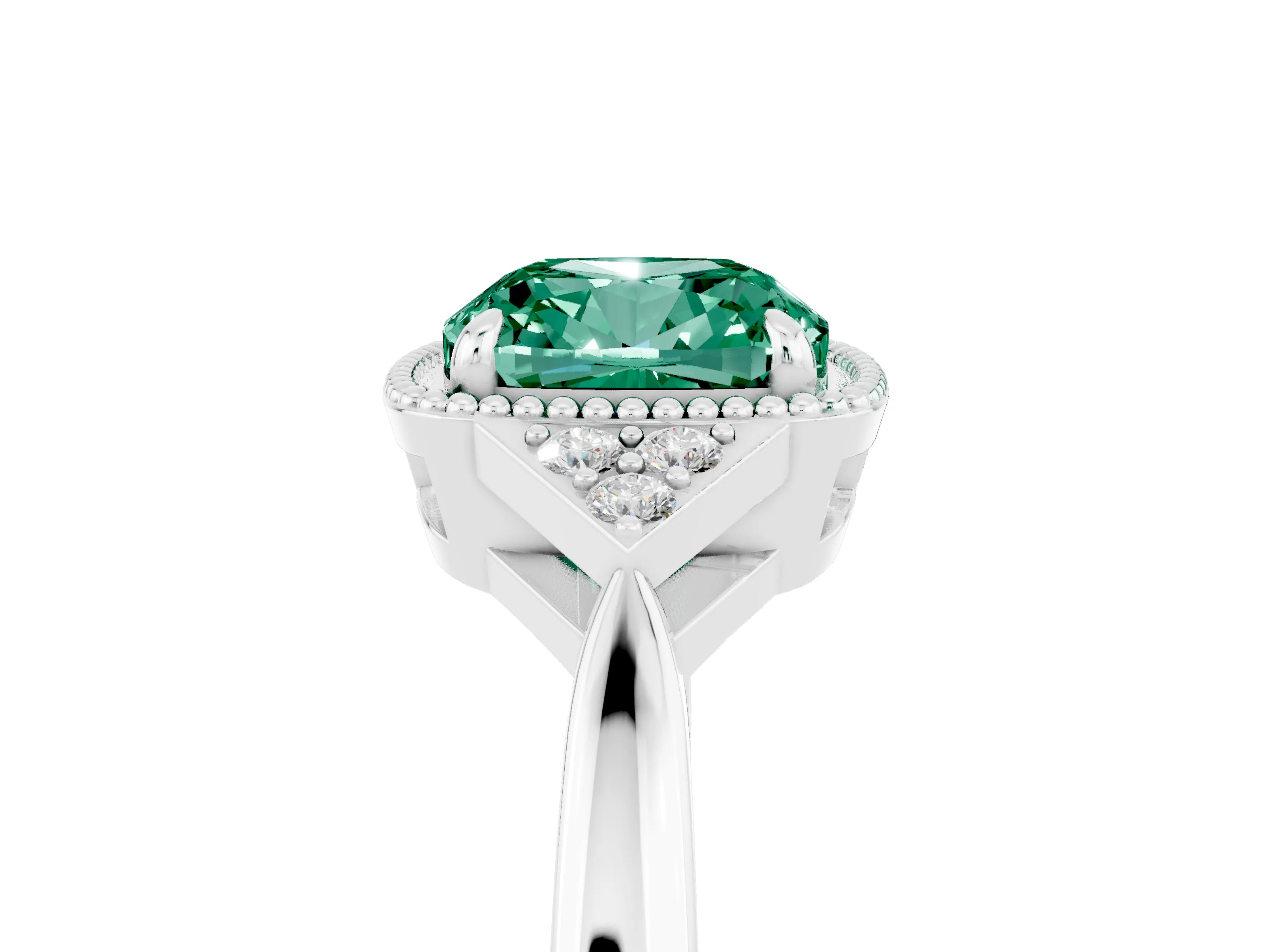 White gold Cushion Cut Green Sapphire Halo Ring with Tapered Band and Four-Prong Setting_29
