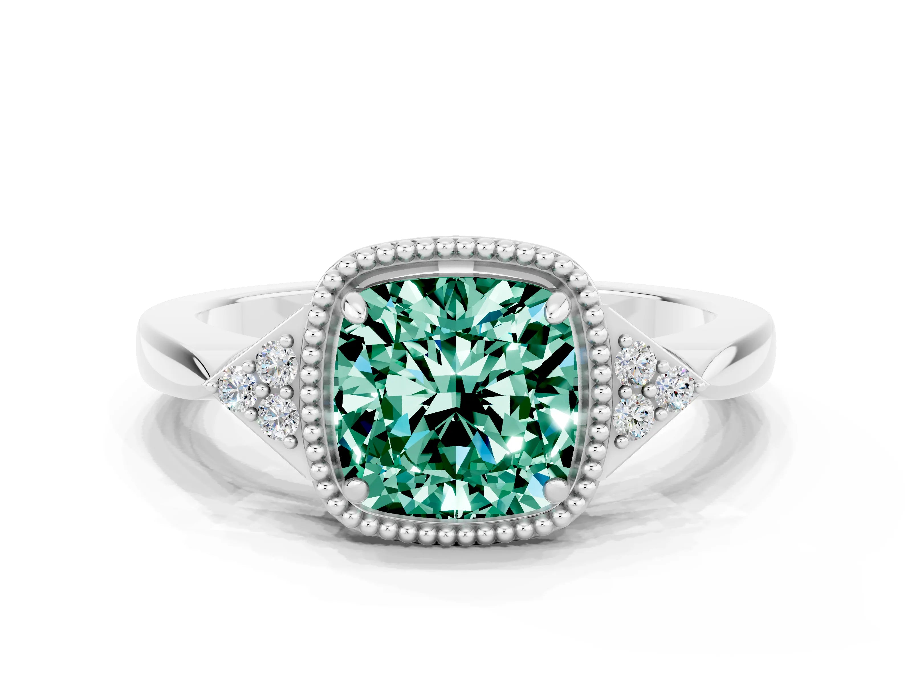 White gold Cushion Cut Green Sapphire Halo Ring with Tapered Band and Four-Prong Setting_6