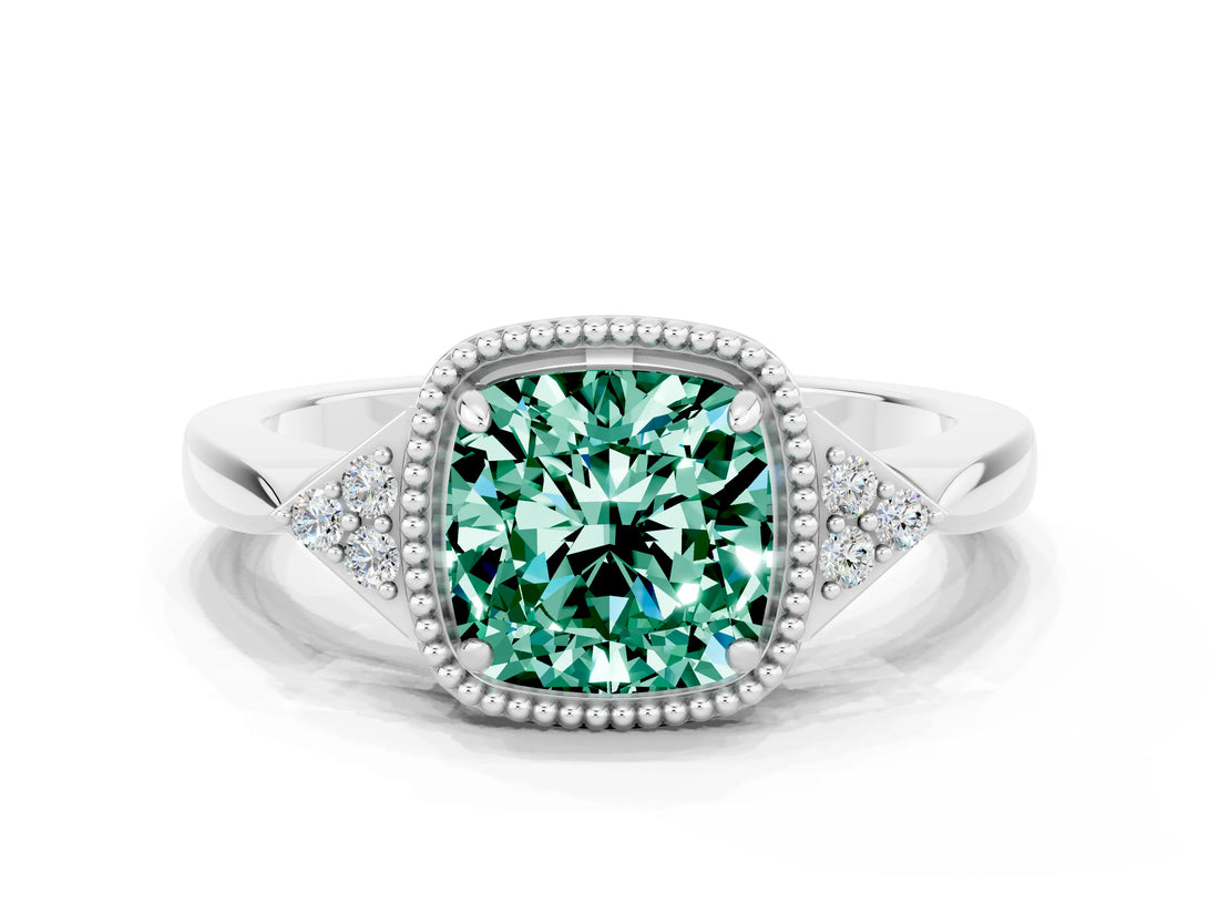 White gold Cushion Cut Green Sapphire Halo Ring with Tapered Band and Four-Prong Setting_6