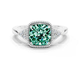 White gold Cushion Cut Green Sapphire Halo Ring with Tapered Band and Four-Prong Setting_6
