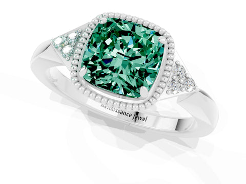 White gold Cushion Cut Green Sapphire Halo Ring with Tapered Band and Four-Prong Setting_7
