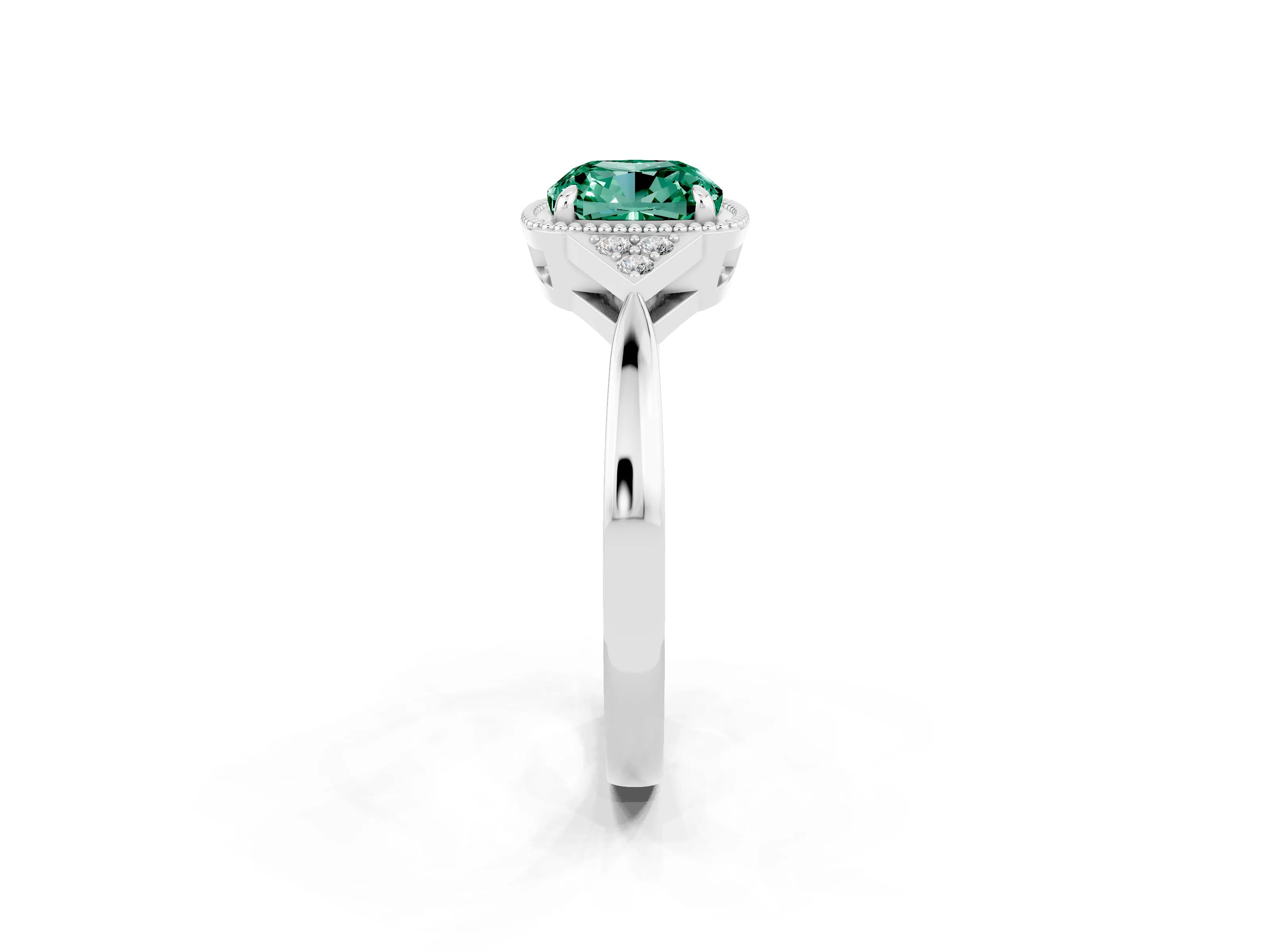 White gold Cushion Cut Green Sapphire Halo Ring with Tapered Band and Four-Prong Setting_8