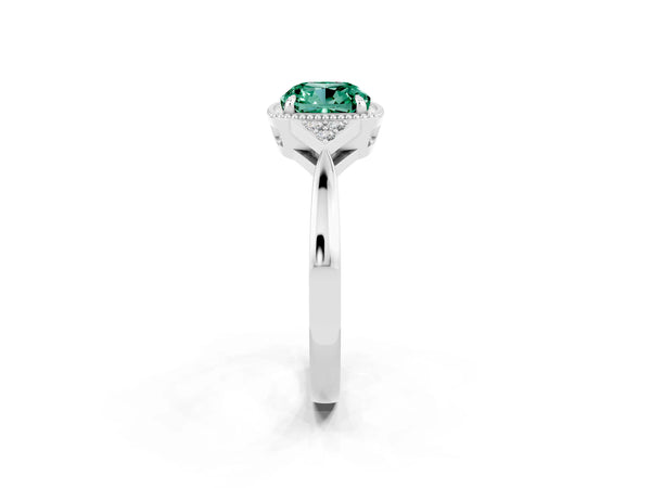 White gold Cushion Cut Green Sapphire Halo Ring with Tapered Band and Four-Prong Setting