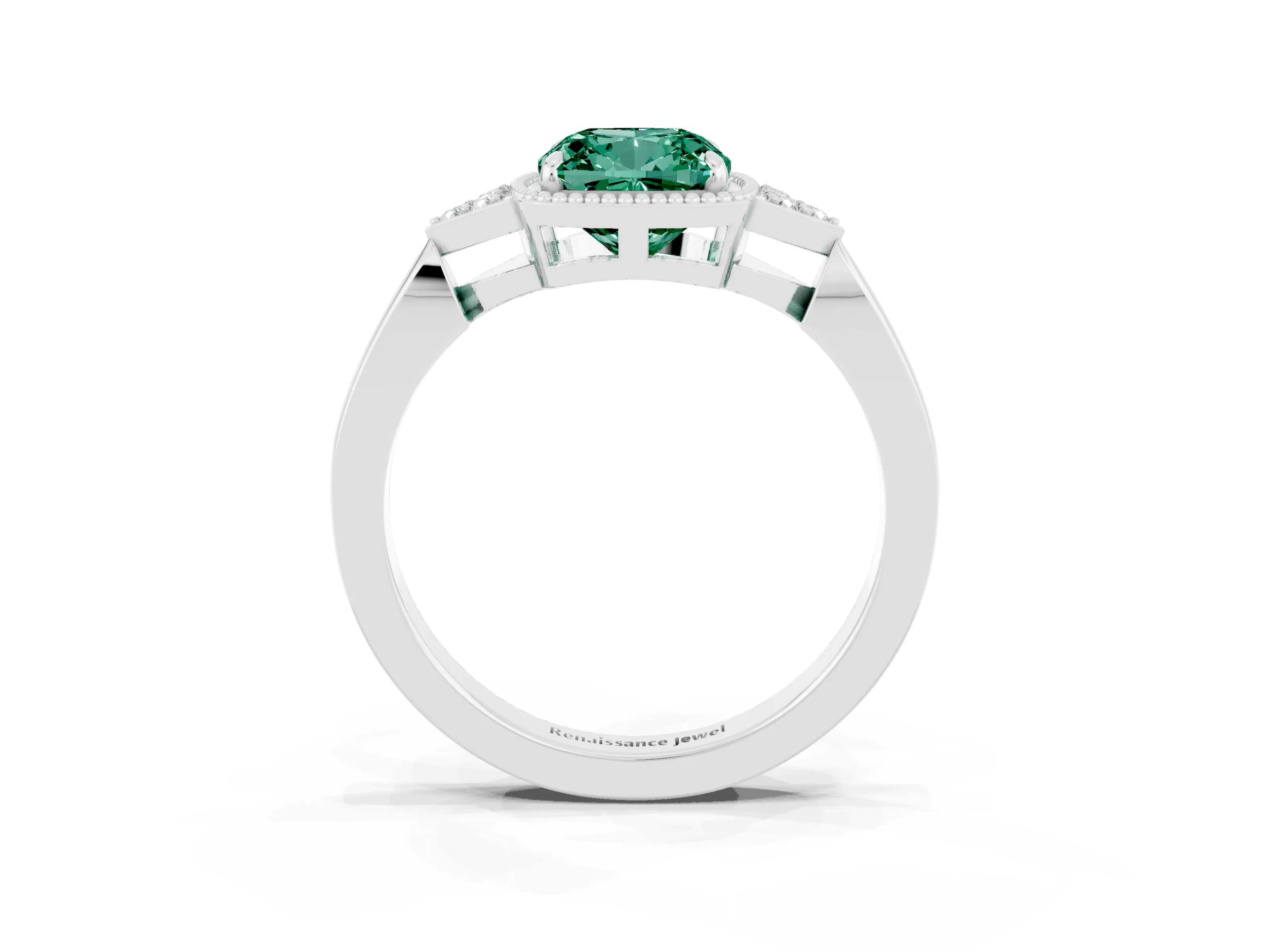 White gold Cushion Cut Green Sapphire Halo Ring with Tapered Band and Four-Prong Setting_9