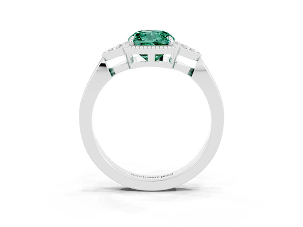 White gold Cushion Cut Green Sapphire Halo Ring with Tapered Band and Four-Prong Setting