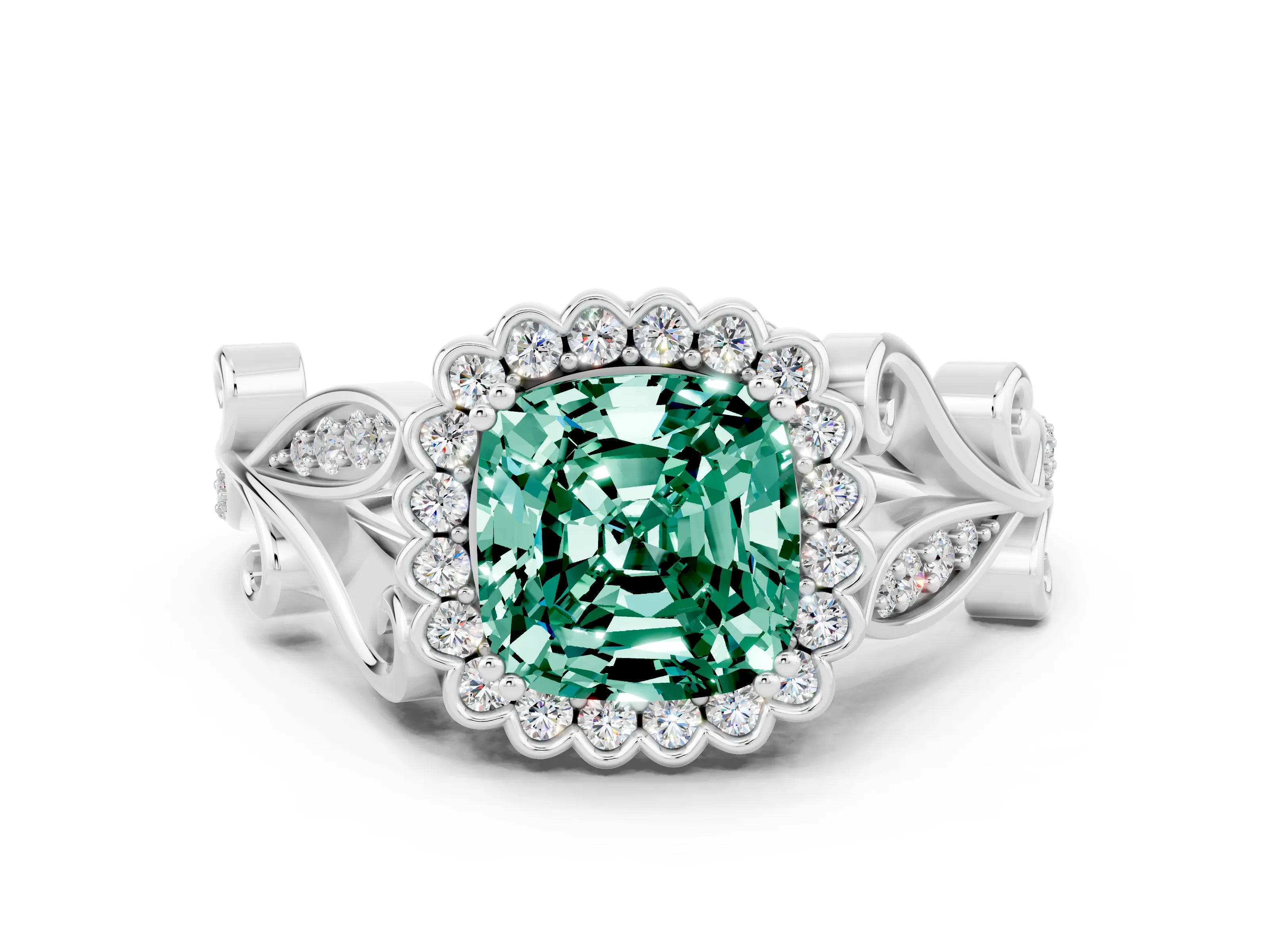 White gold Cushion Cut Green Sapphire Halo Ring with Vintage Split Shank and Four-Prong Setting_24