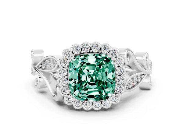 Silver Cushion Cut Green Sapphire Halo Ring with Vintage Split Shank and Four-Prong Setting