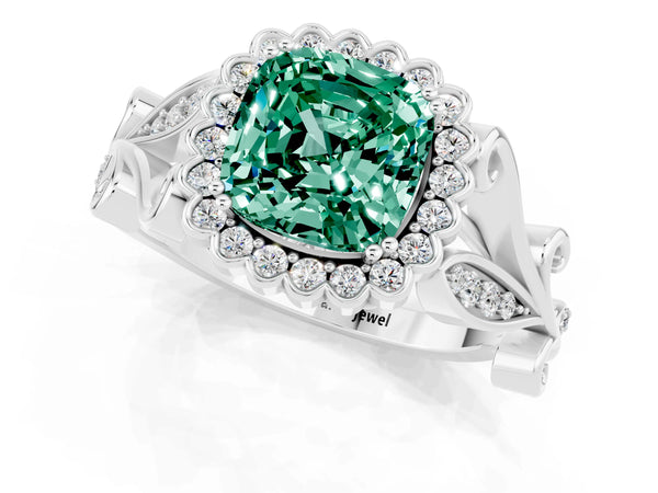 Platinum Cushion Cut Green Sapphire Halo Ring with Vintage Split Shank and Four-Prong Setting