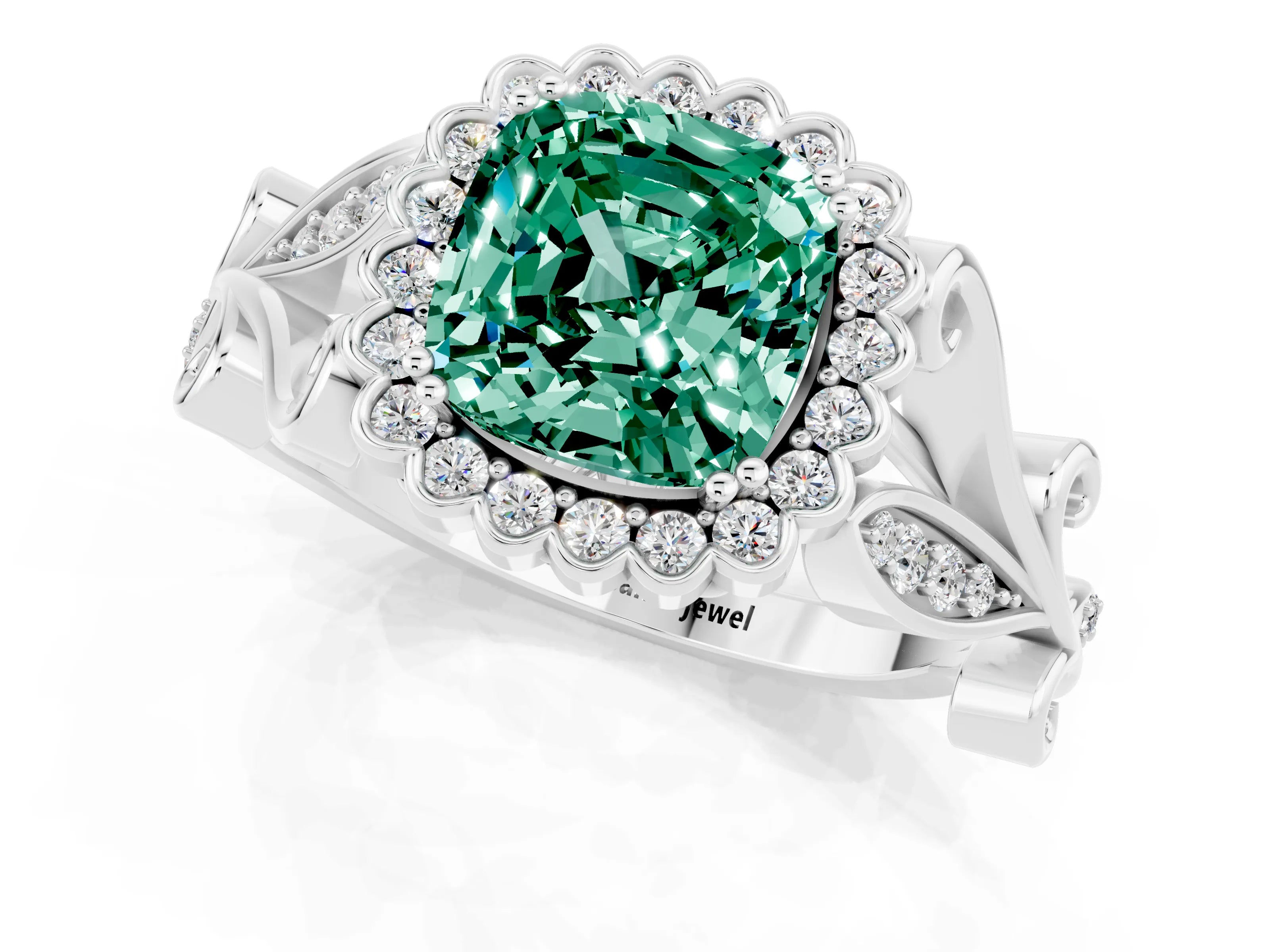 White gold Cushion Cut Green Sapphire Halo Ring with Vintage Split Shank and Four-Prong Setting_25